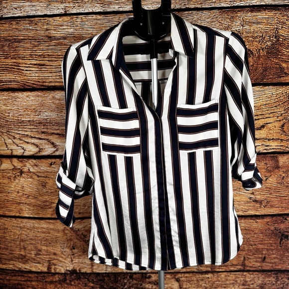 Express Tops - Express Navy White Striped Button Blouse  Work Casual Top| M